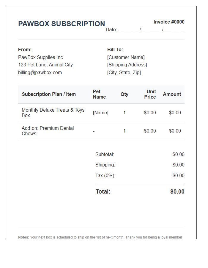 Pet Supply Subscription Box Invoice Template