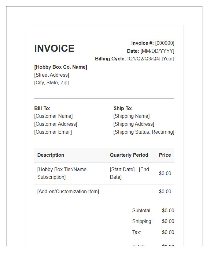 Quarterly Hobby Box Subscription Invoice Template
