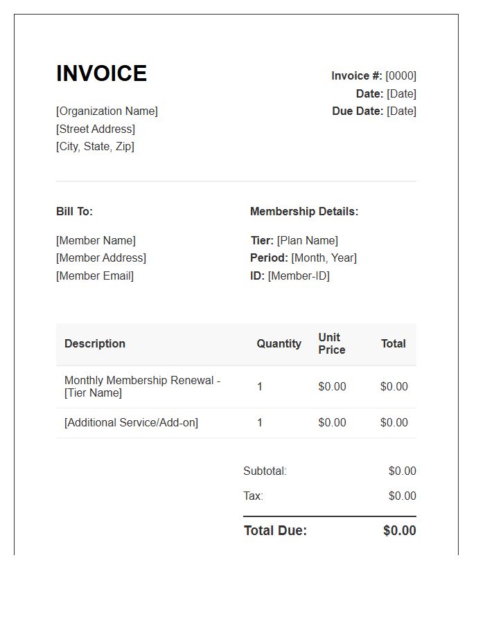 Monthly Membership Renewal Invoice Template
