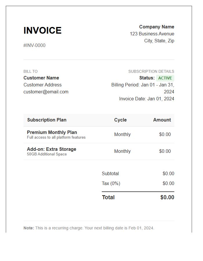 Periodic Billing Subscription Invoice Template