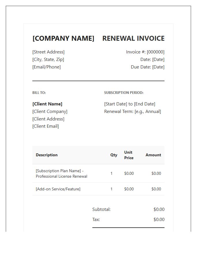 Professional Subscription Renewal Invoice Template