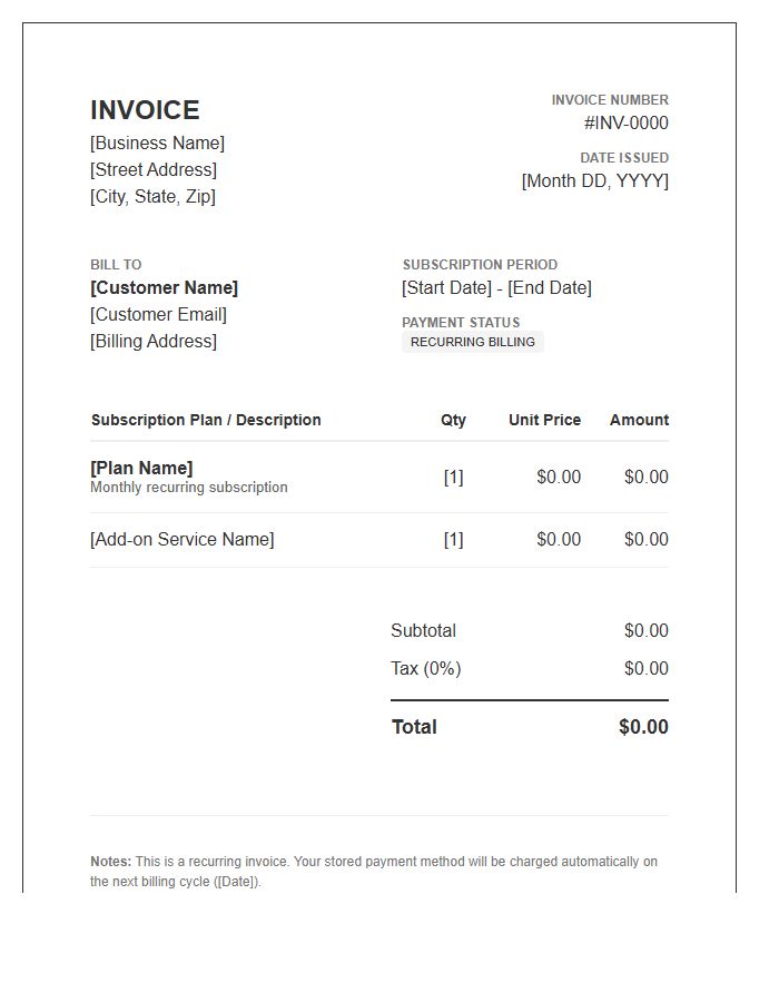Recurring Revenue Billing Invoice Template