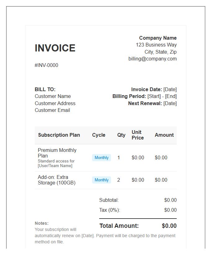 Subscription Based Billing Invoice Template