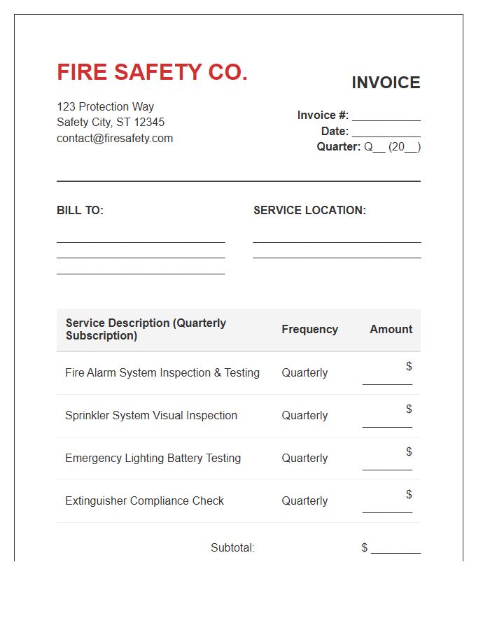 Fire Safety Maintenance Subscription Invoice Template Quarterly