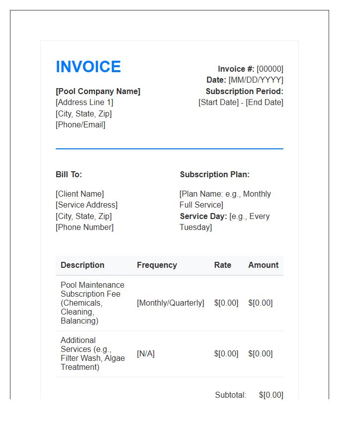 Pool Maintenance Service Subscription Invoice Template