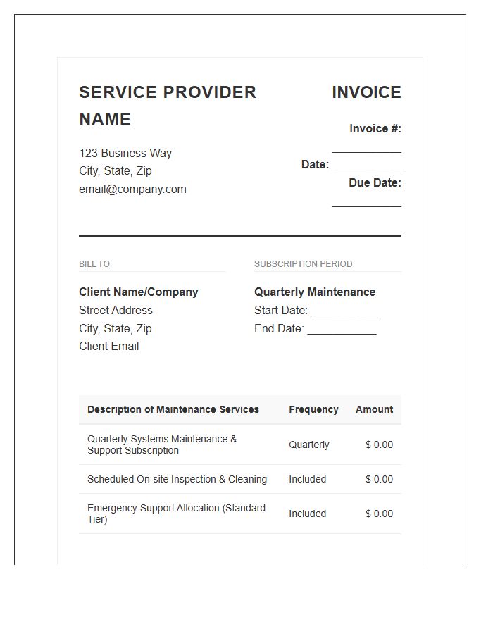 Professional Maintenance Subscription Invoice Template Quarterly