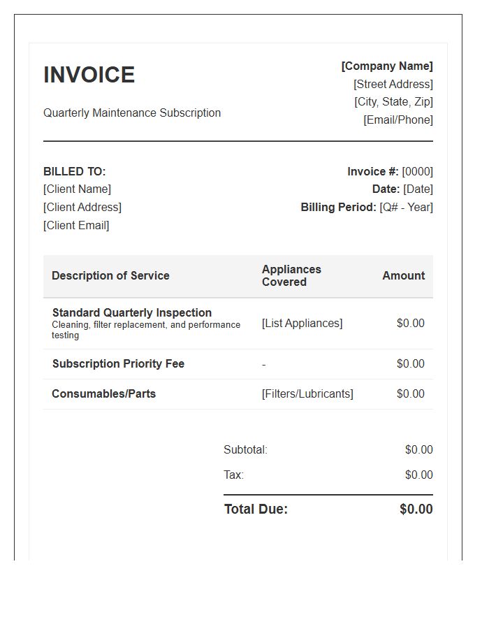 Quarterly Appliance Maintenance Subscription Invoice Template
