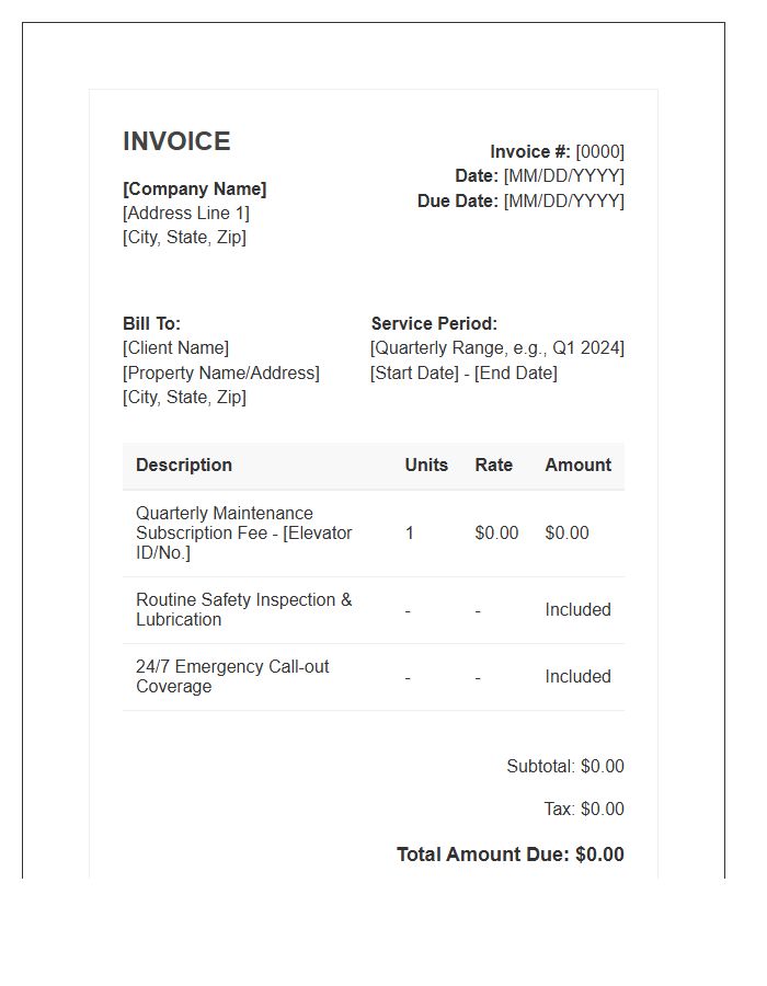 Quarterly Elevator Maintenance Subscription Invoice Template