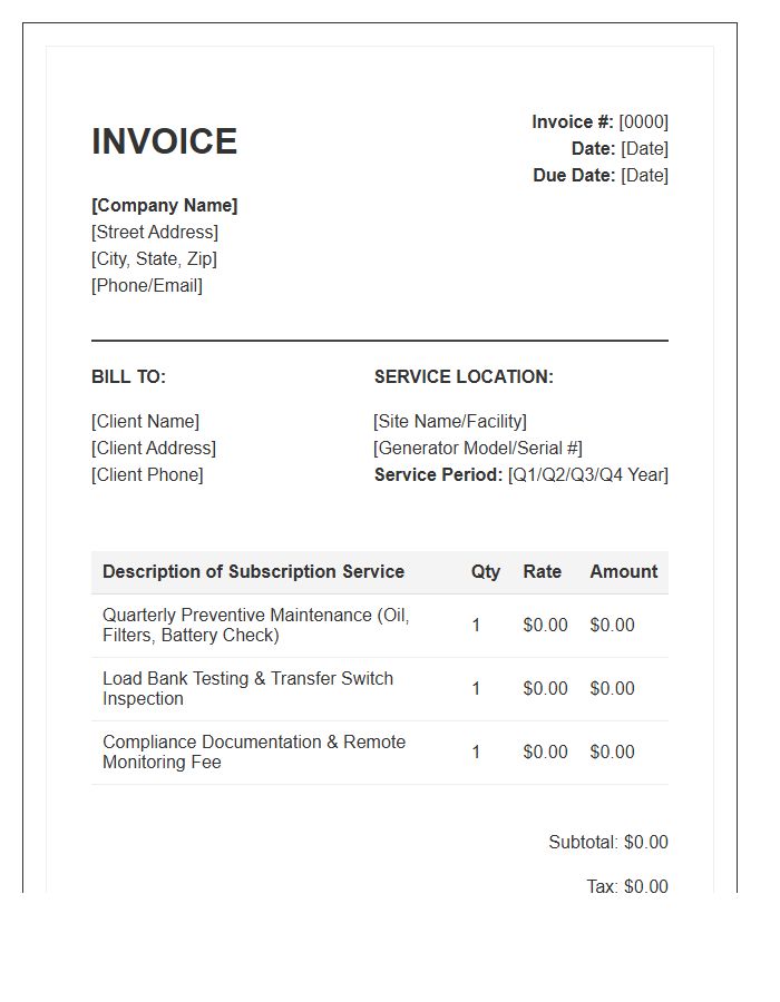 Quarterly Generator Maintenance Subscription Invoice Template