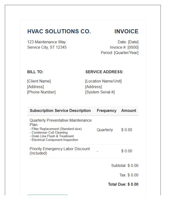Quarterly HVAC Maintenance Subscription Invoice Template
