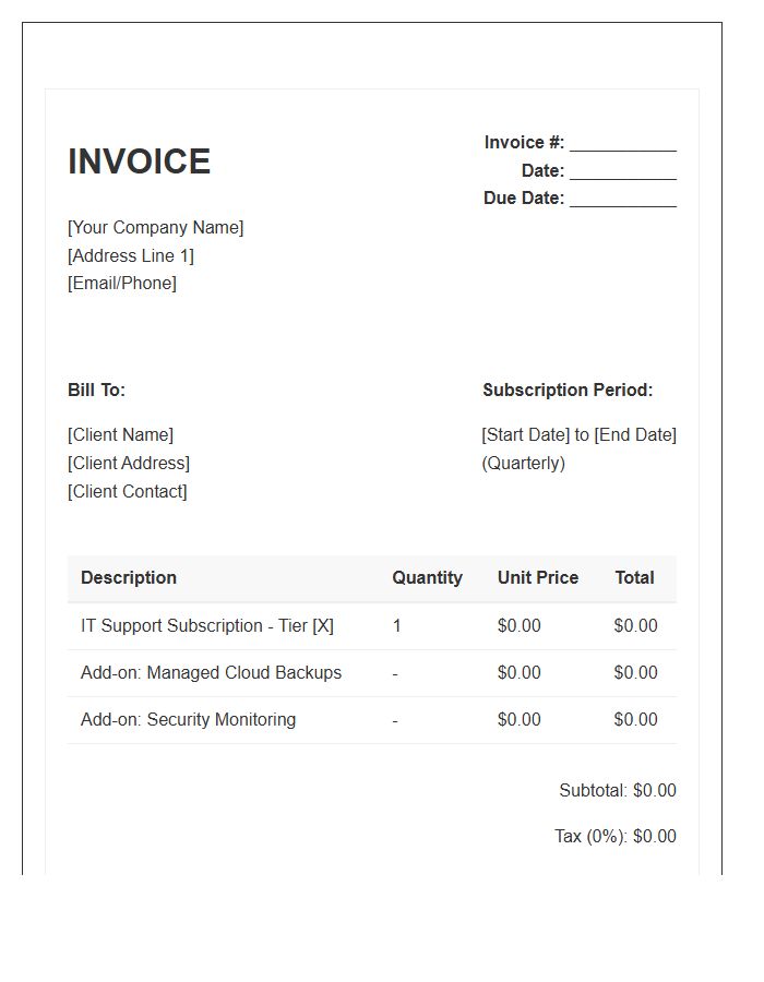 Quarterly IT Support Subscription Invoice Template