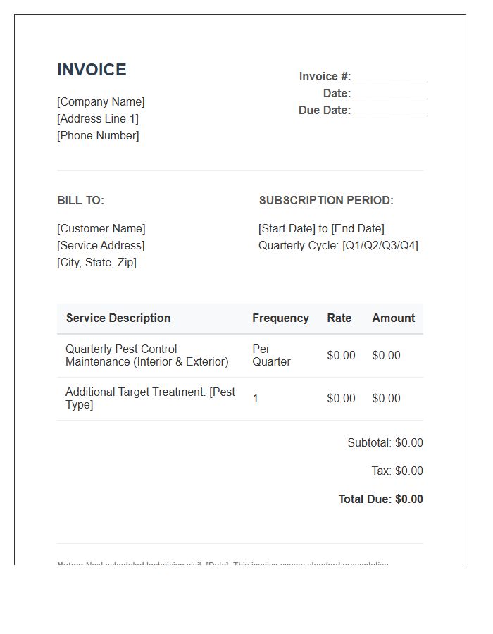 Quarterly Pest Control Subscription Invoice Template