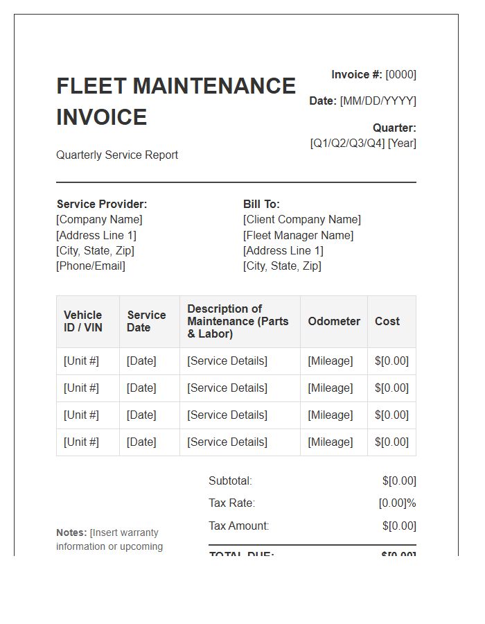 Quarterly Vehicle Fleet Maintenance Invoice Template