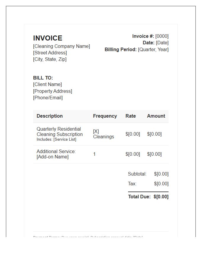Residential Cleaning Subscription Invoice Template Quarterly
