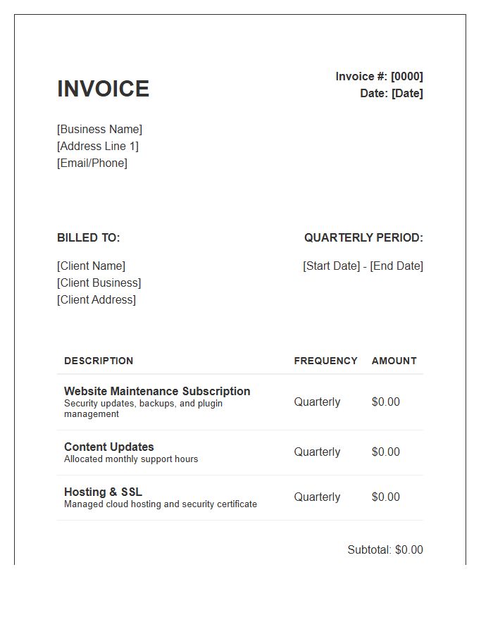 Website Maintenance Subscription Invoice Template Quarterly