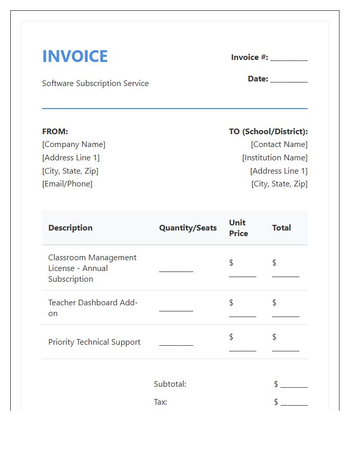 Classroom Management Software Subscription Invoice Template