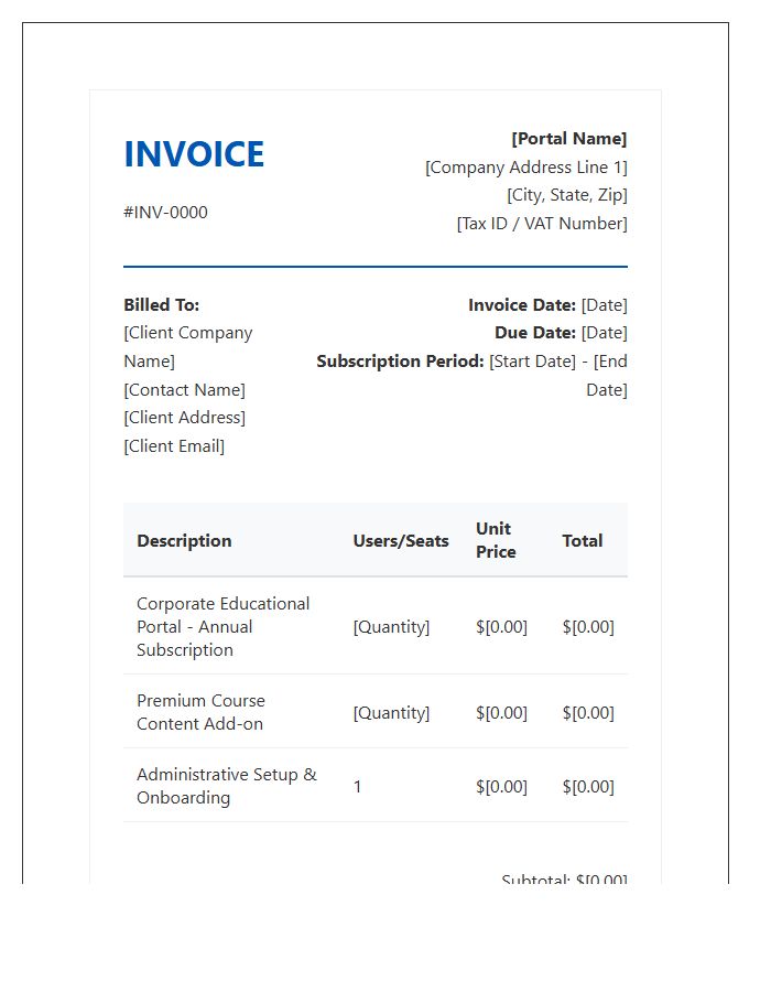 Corporate Educational Portal Subscription Invoice Template