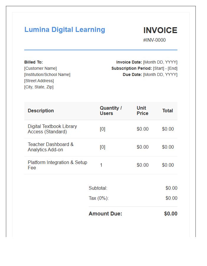 Digital Textbook Platform Subscription Invoice Template