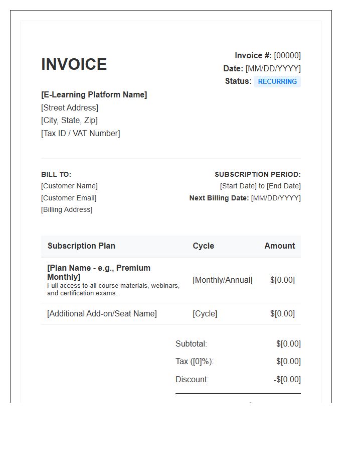 E-Learning System Recurring Subscription Invoice Template
