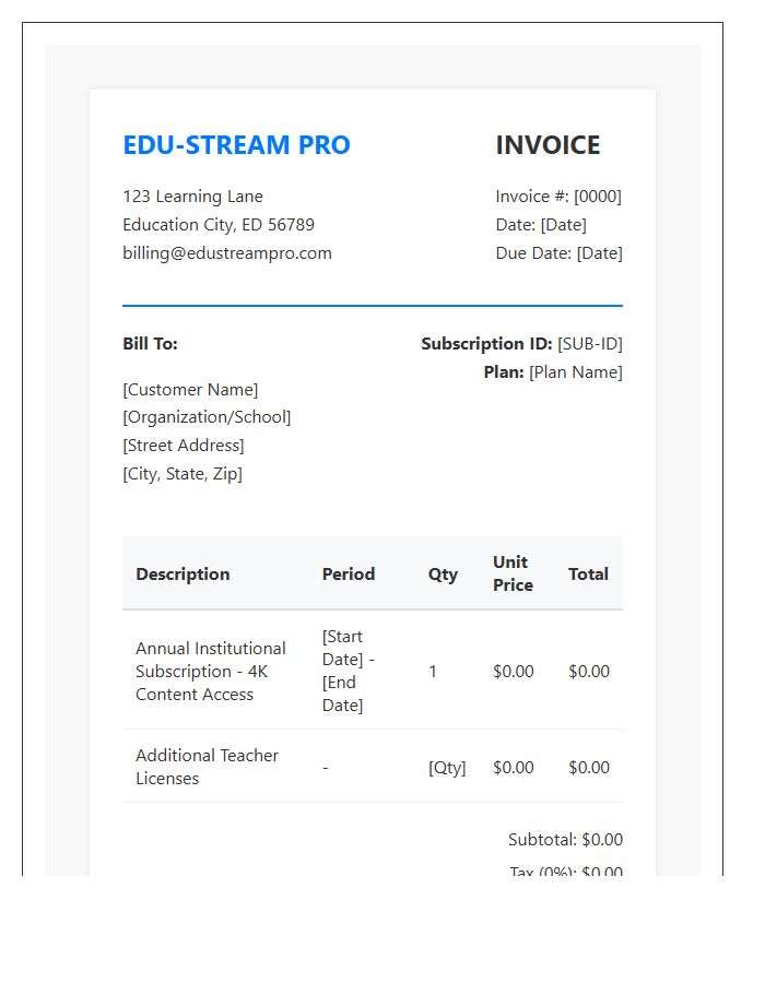 Educational Video Service Subscription Invoice Template
