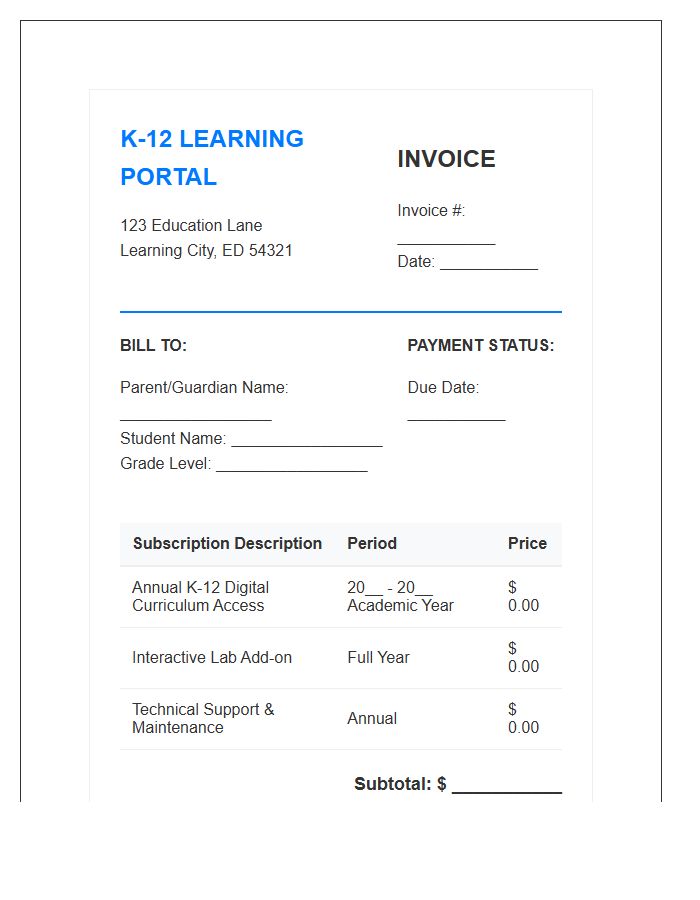 K-12 Learning Portal Subscription Invoice Template