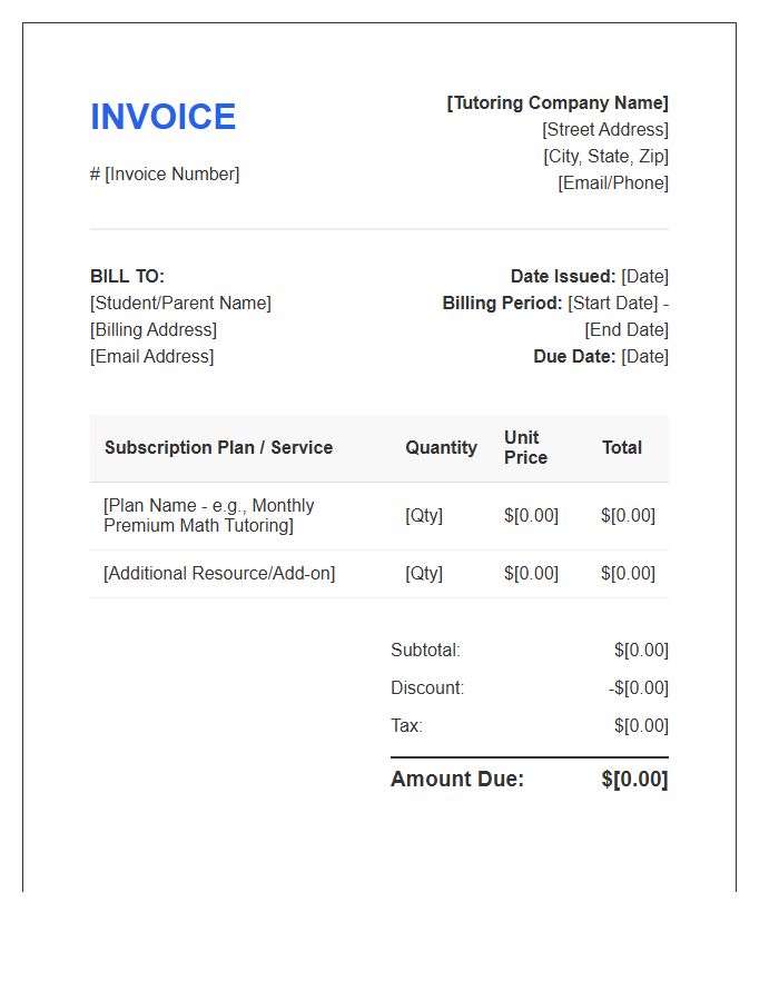 Online Tutoring Service Subscription Invoice Template