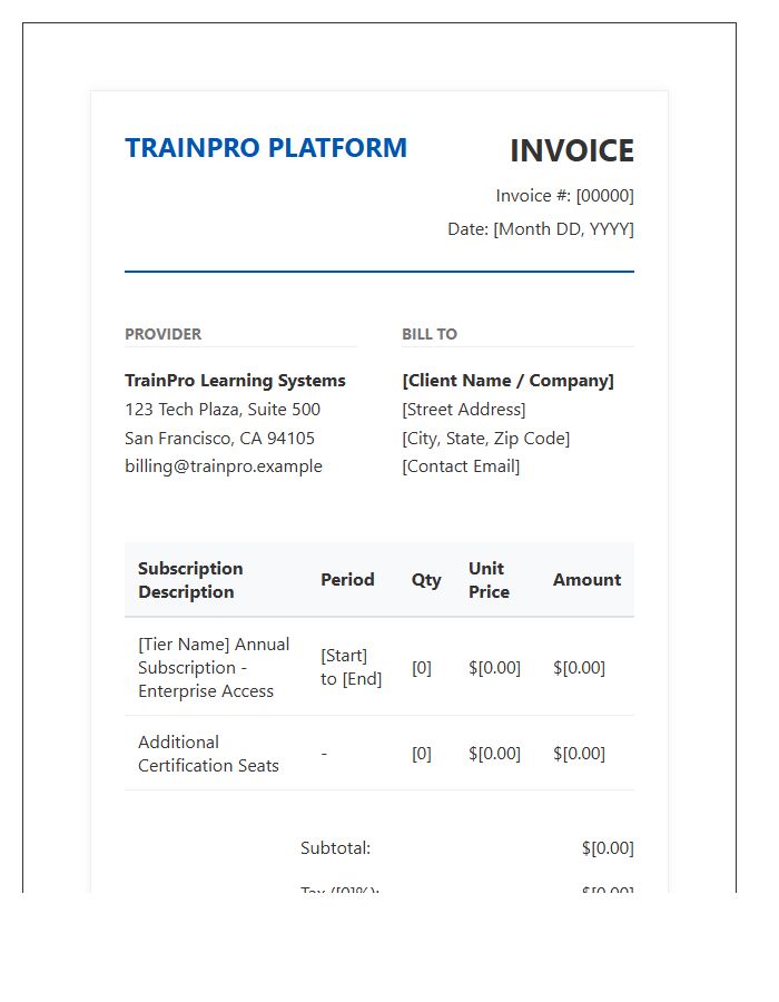 Professional Training Platform Subscription Invoice Template