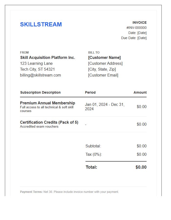 Skill Acquisition Platform Subscription Invoice Template