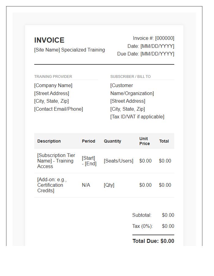 Specialized Training Site Subscription Invoice Template