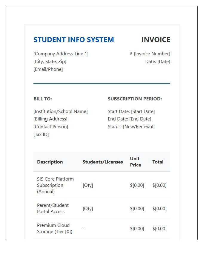 Student Information System Subscription Invoice Template