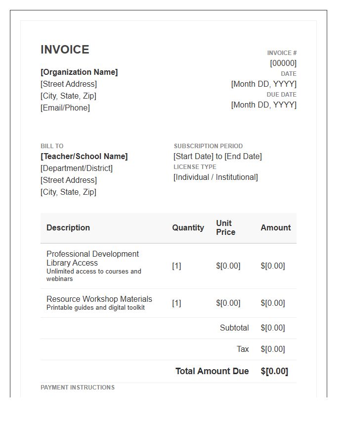 Teacher Professional Development Subscription Invoice Template