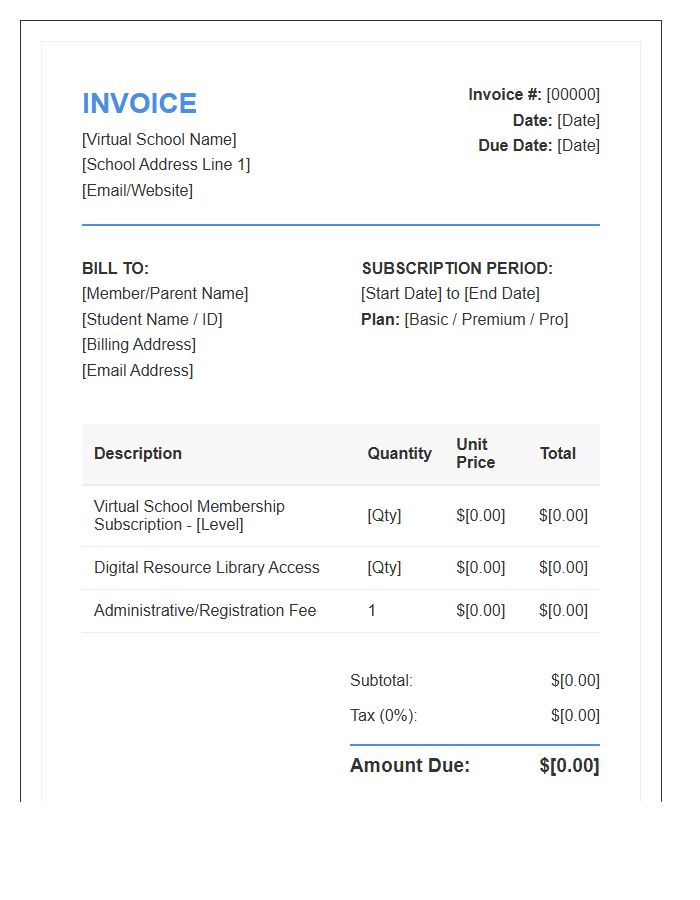 Virtual School Membership Subscription Invoice Template