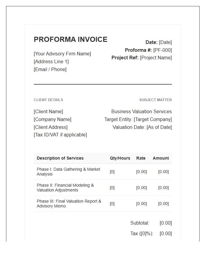 Business Valuation Advisory Proforma Invoice Template