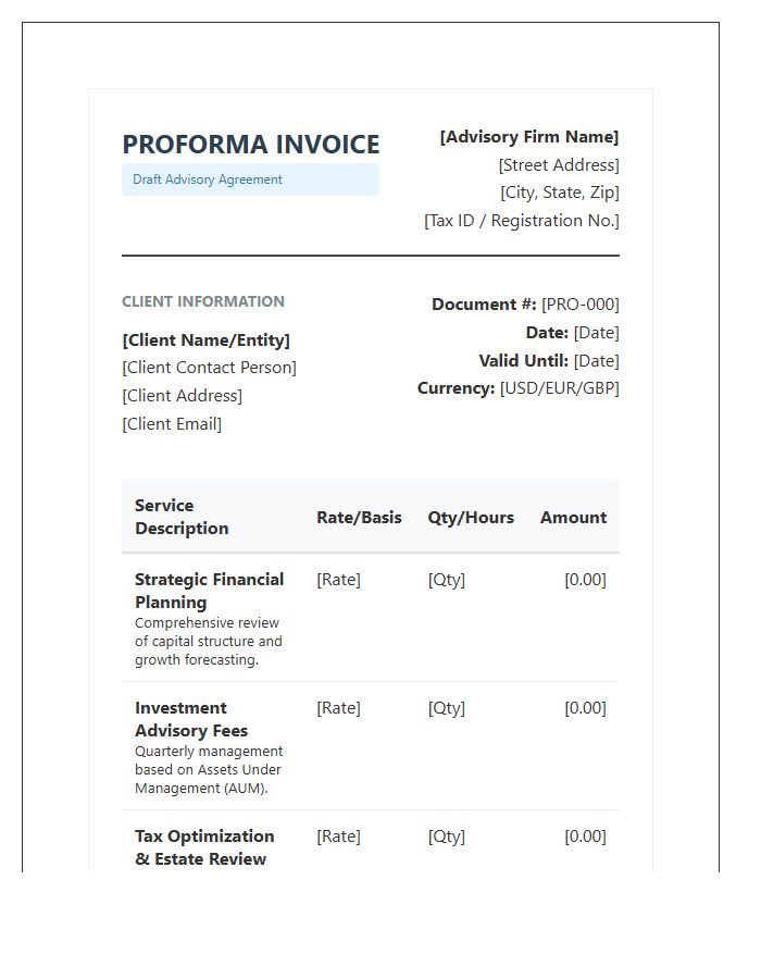 Comprehensive Financial Advisory Proforma Invoice Template