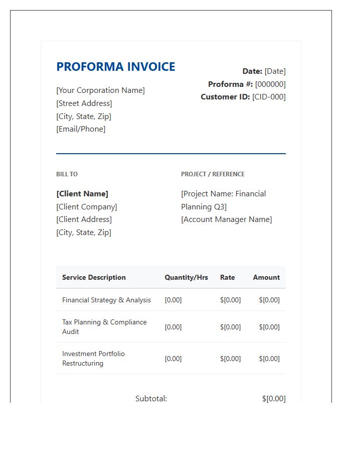 Corporate Financial Planning Proforma Invoice Template
