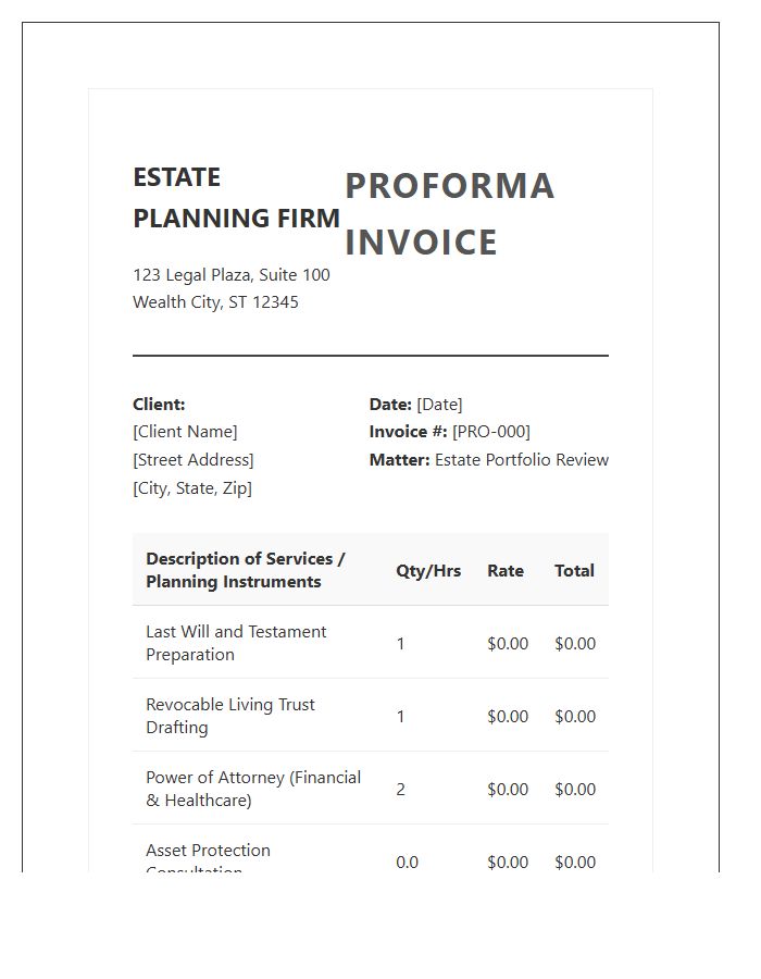 Estate Planning Financial Proforma Invoice Template