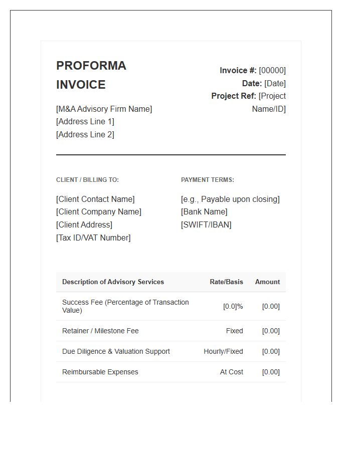 Mergers And Acquisitions Advisory Proforma Invoice Template