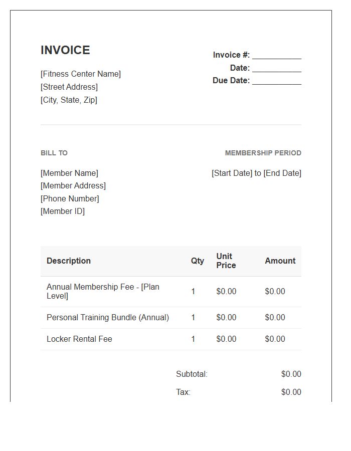 Annual Fitness Center Membership Invoice Template