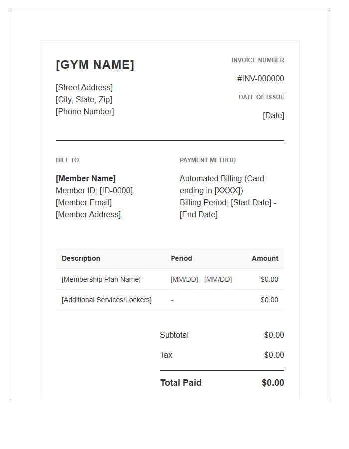 Automated Gym Membership Billing Invoice Template
