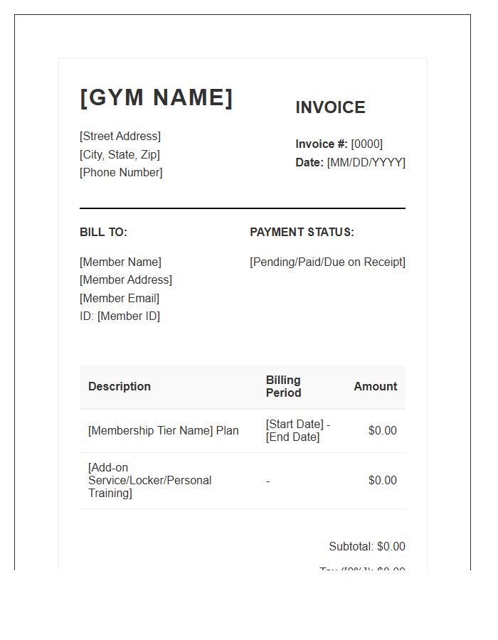 Boutique Gym Membership Plan Invoice Template