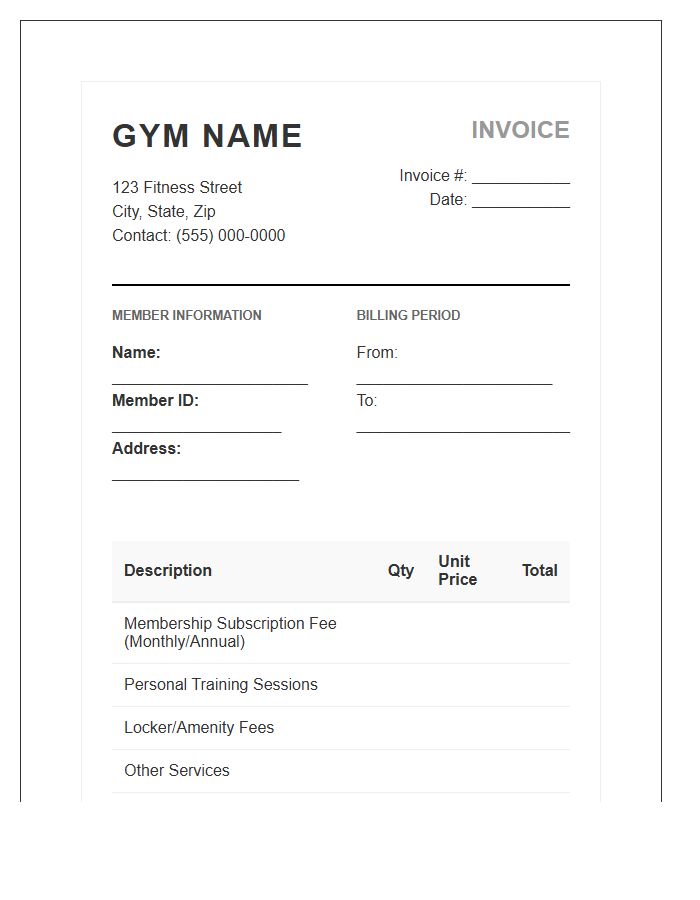 Commercial Gym Service Subscription Invoice Template