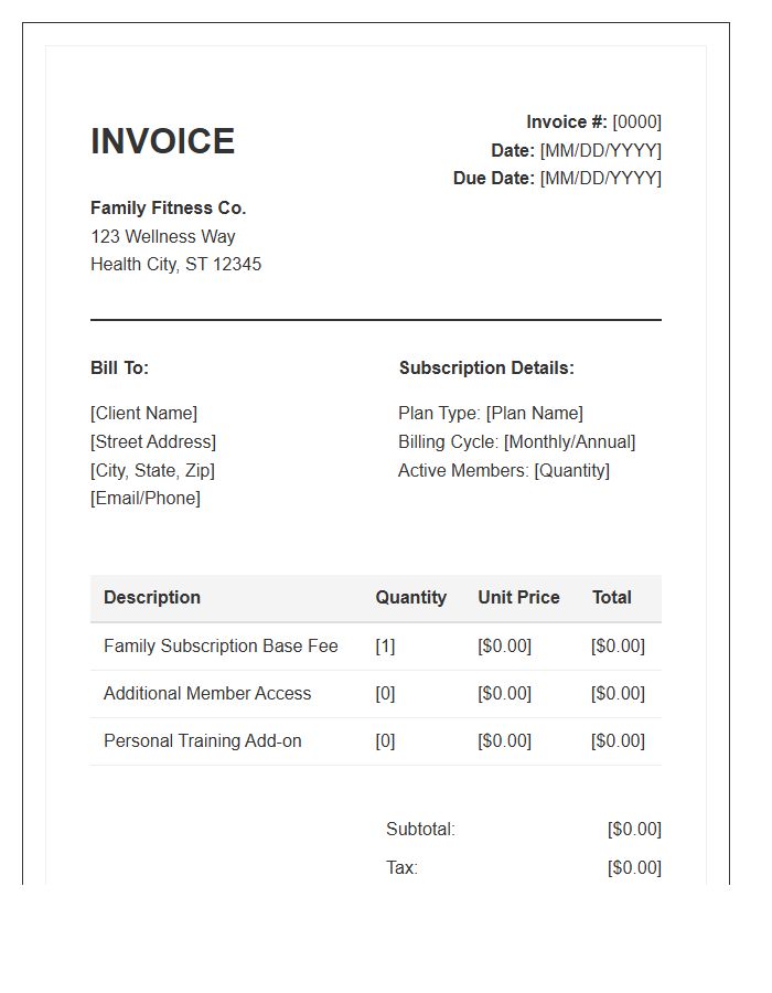 Family Fitness Plan Subscription Invoice Template