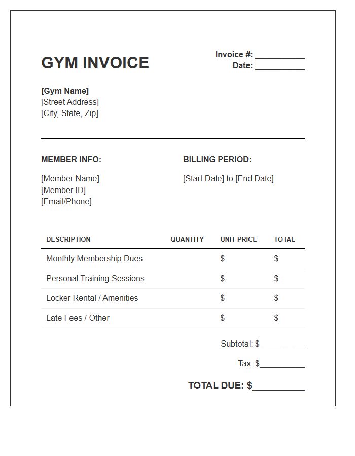 Gym Member Dues Billing Invoice Template
