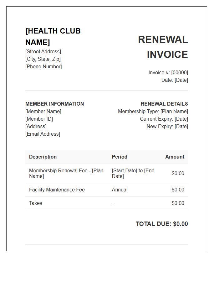 Health Club Membership Renewal Invoice Template
