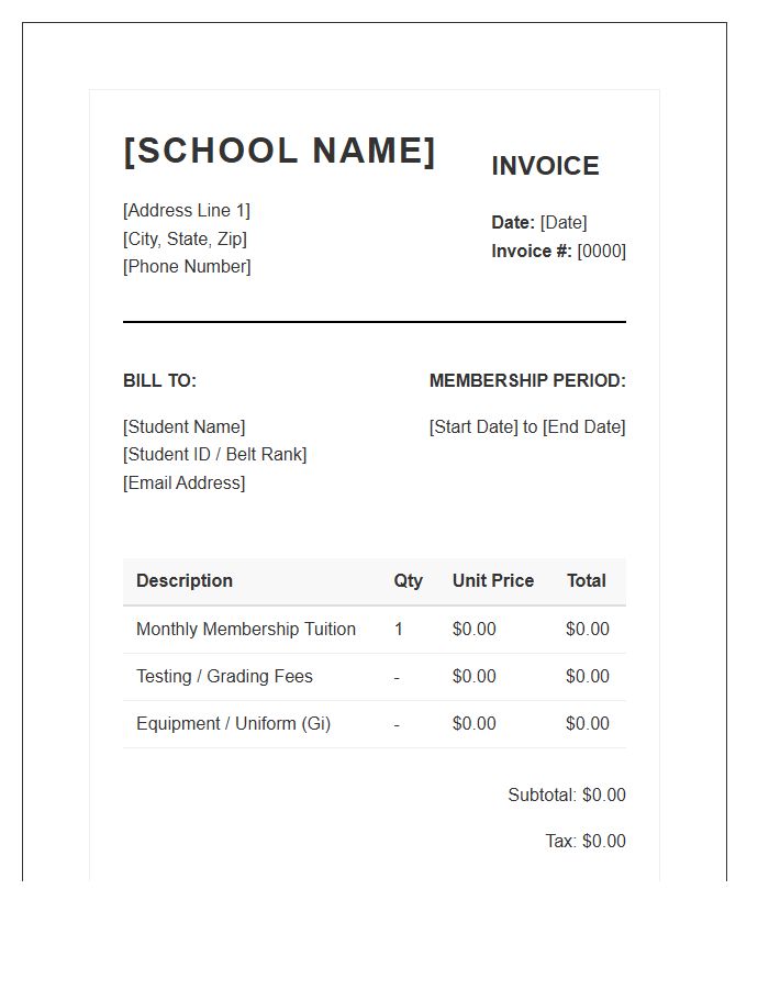 Martial Arts School Membership Invoice Template