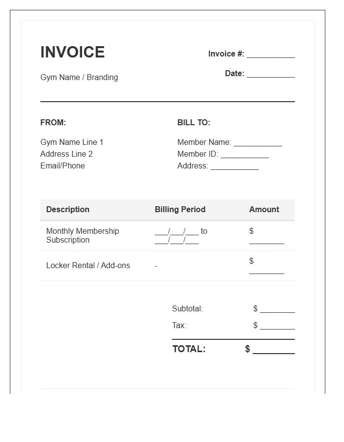 Monthly Gym Membership Subscription Invoice Template