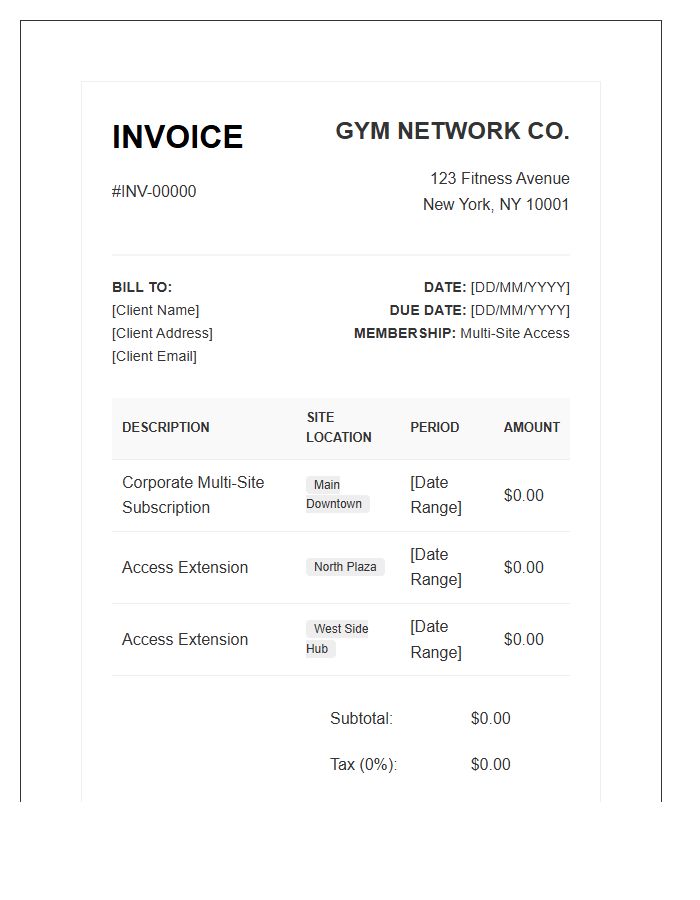 Multi Site Gym Subscription Invoice Template