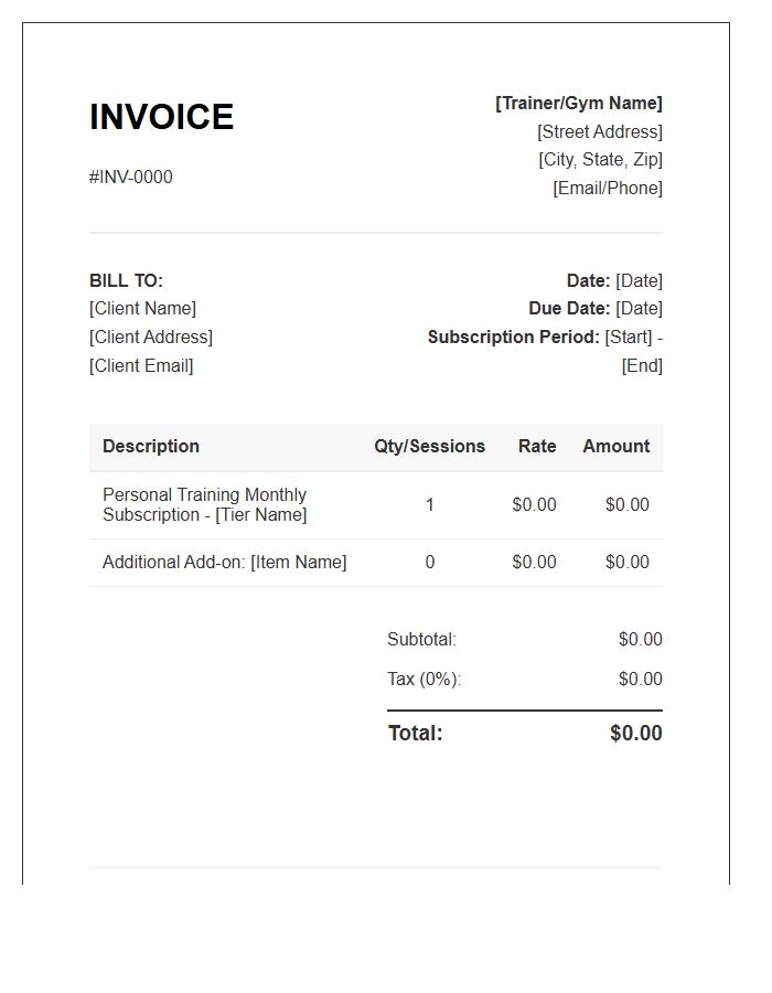 Personal Training Subscription Invoice Template