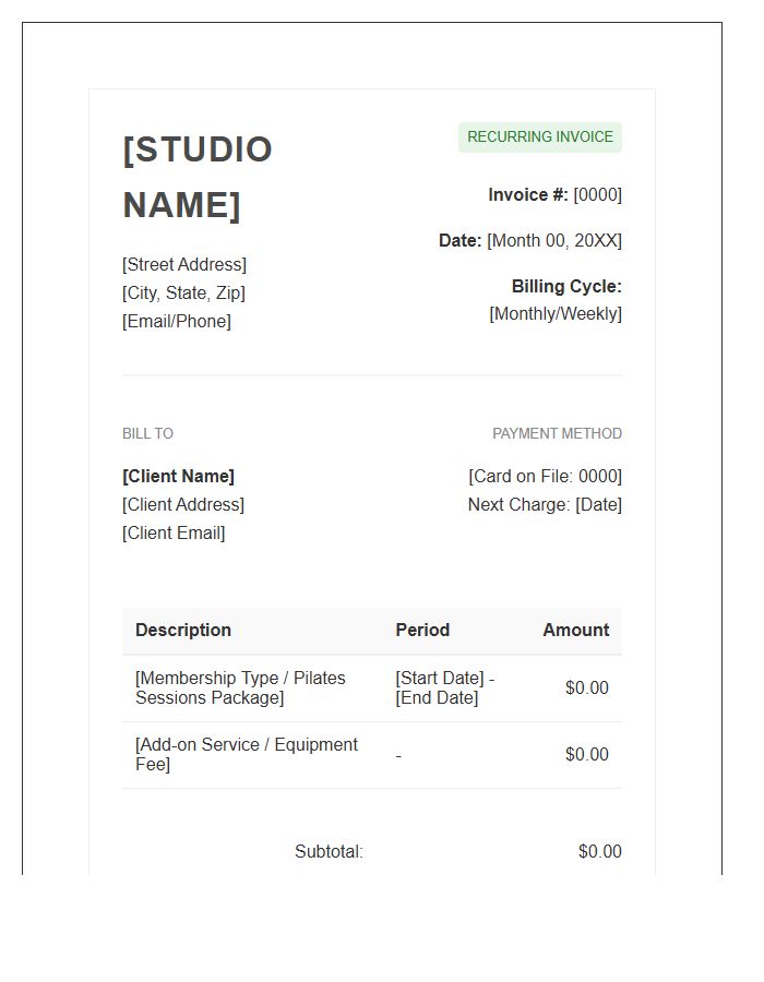 Pilates Studio Recurring Invoice Template