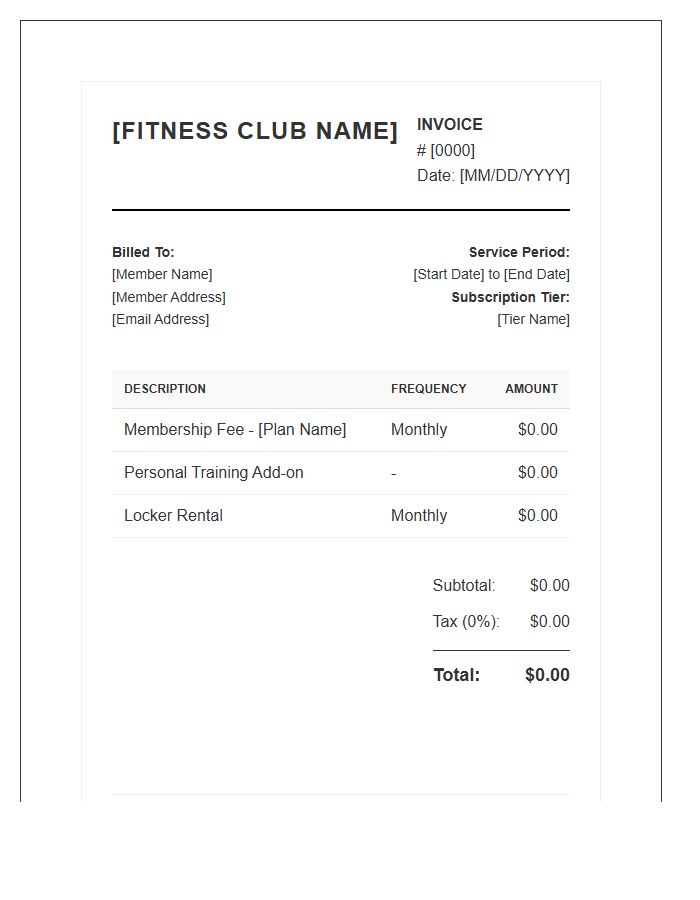 Professional Fitness Subscription Invoice Template
